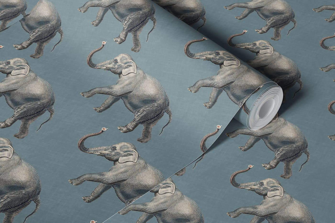 Vintage Elephant Pattern on Blue Linen wallpaper roll