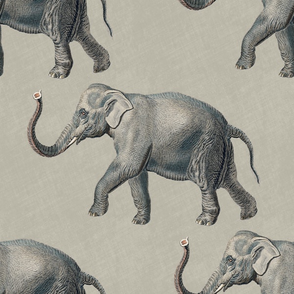 Vintage Elephant Pattern on Beige Linen