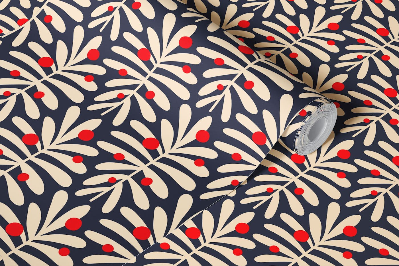 2867 E - beige leaves on navy wallpaper roll