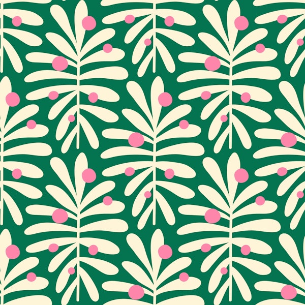 2867 G - hand drawn leaves, green pink