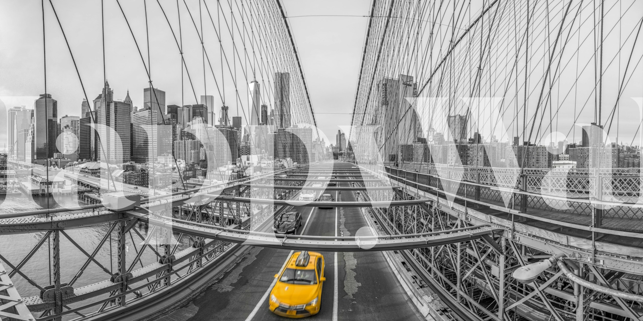 Brooklyn Bridge with yellow taxi on grey background wallpaper