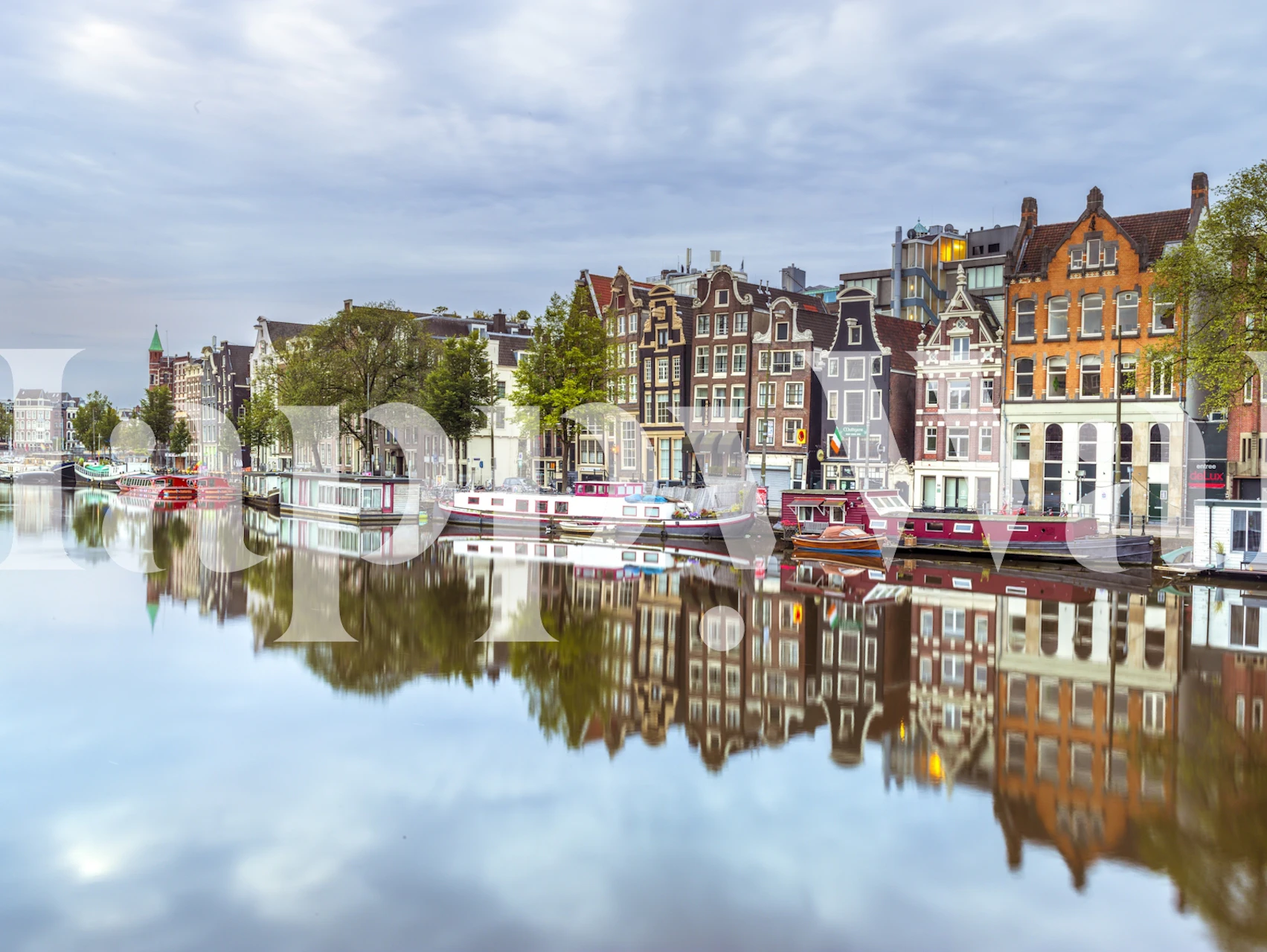 Amsterdam canal reflection wallpaper with colorful buildings and water
