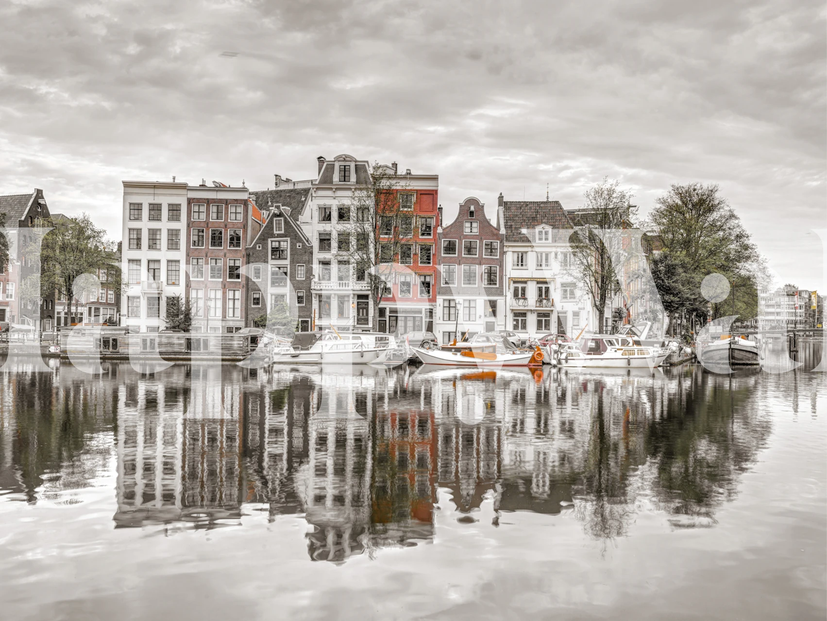 Grand Amsterdam canal houses reflected on water, muted colors wallpaper