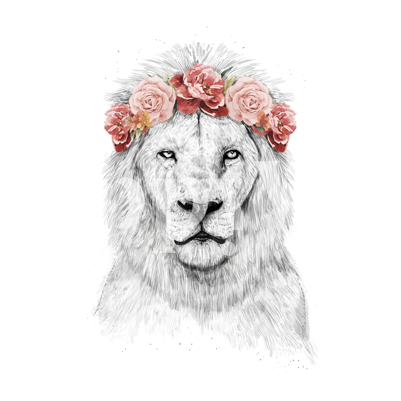 Monochromatic sketch of a lion with floral crown wall mural