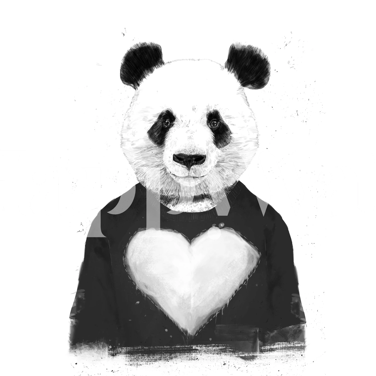 Panda wearing a black shirt with a heart illustration, monochrome wall mural