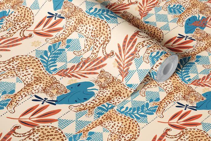 Ink drawn leopard, tropical blue leaves and ethnic stripeswallpaper roll