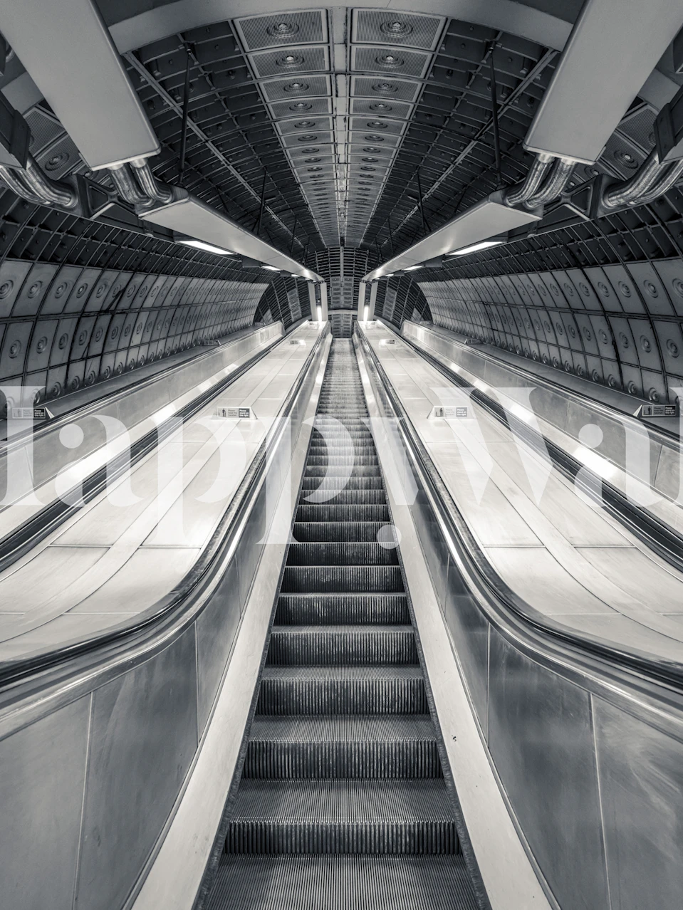 Subway escalator view in black and white wallpaper