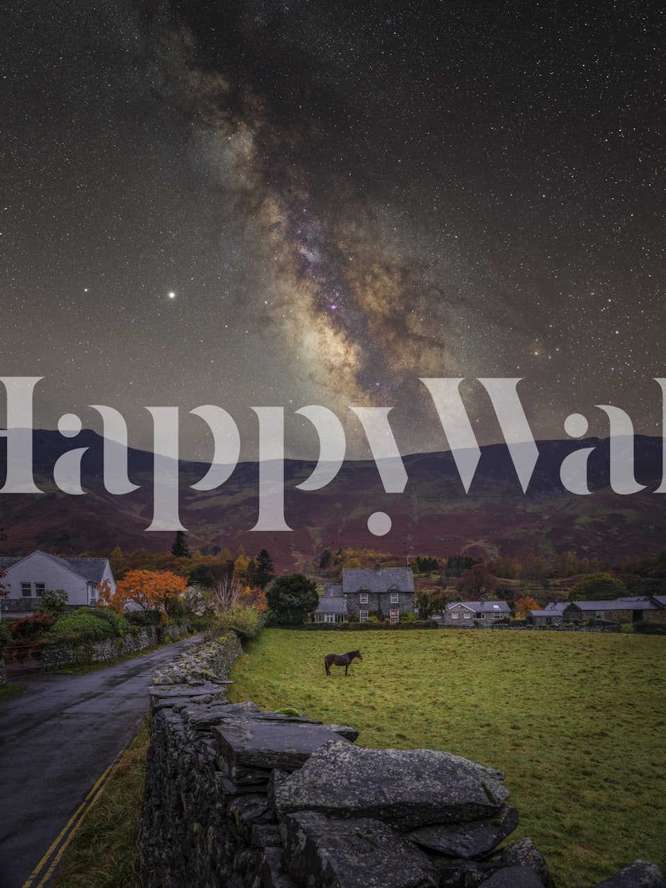 Countryside landscape with a starry night sky and autumn colors wallpaper