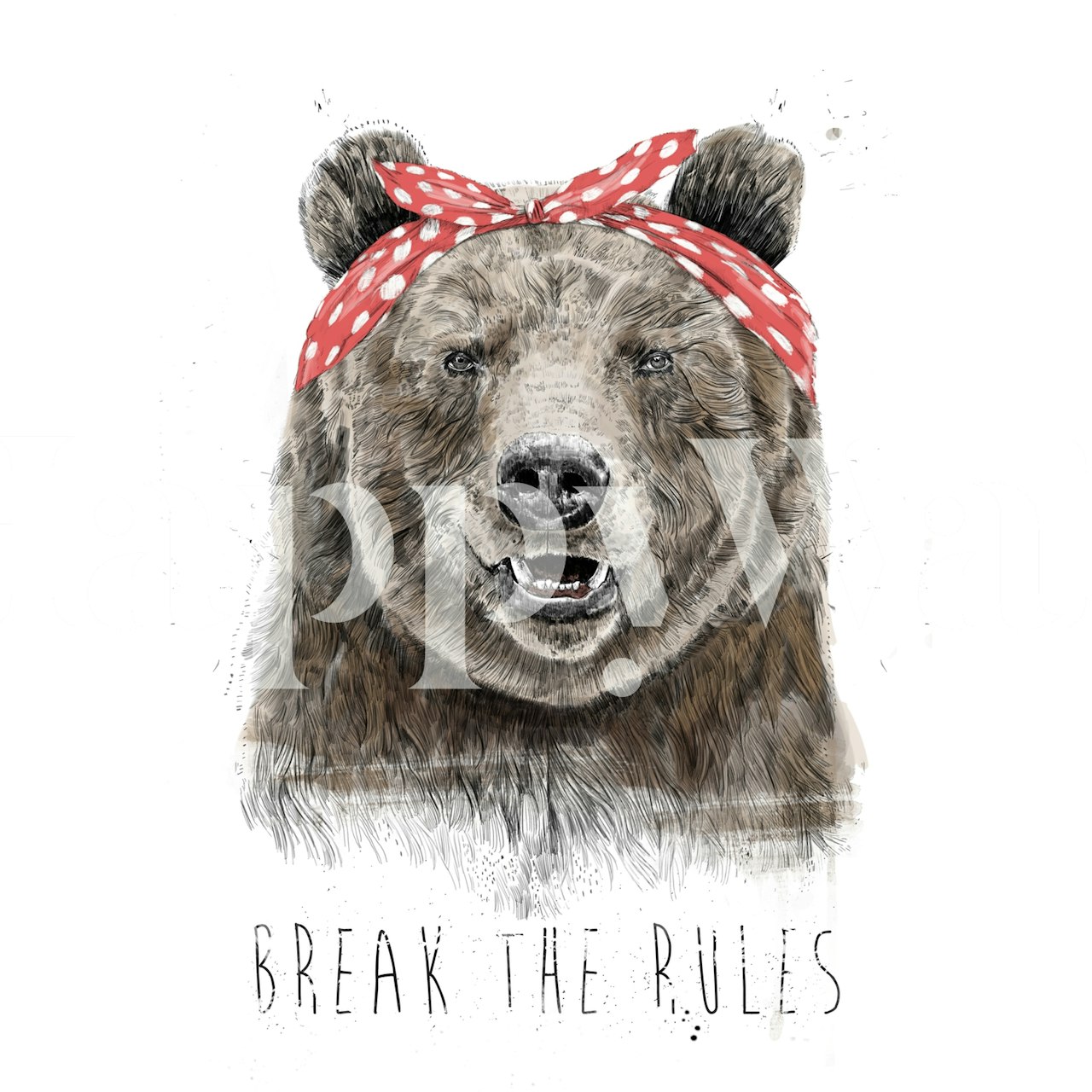 Bear wallpaper with red bandana in a room