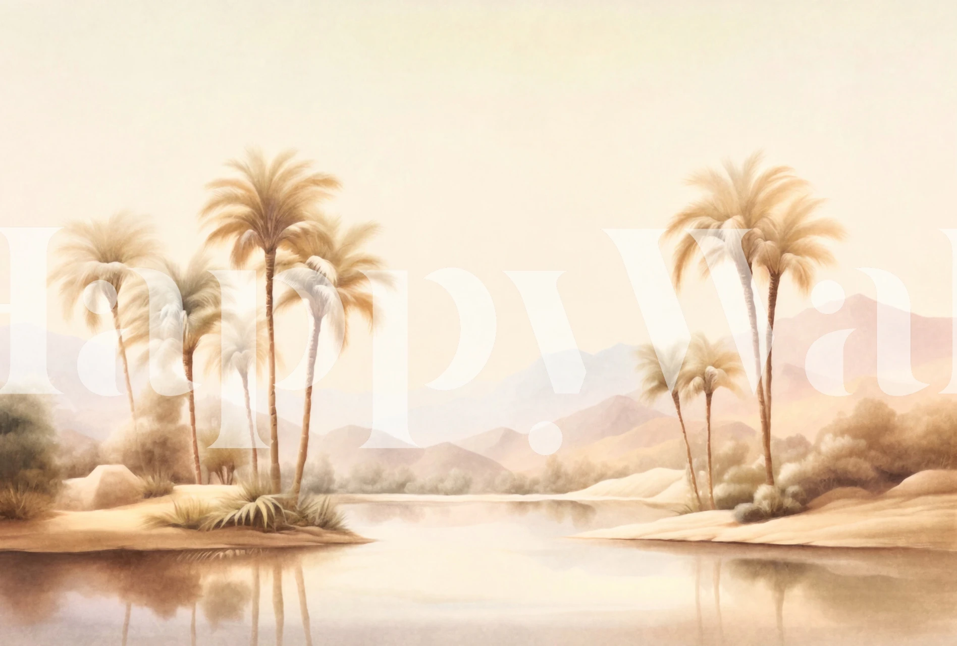 Tropical sunset with silhouettes of palm trees by the water, wall mural for peaceful decor