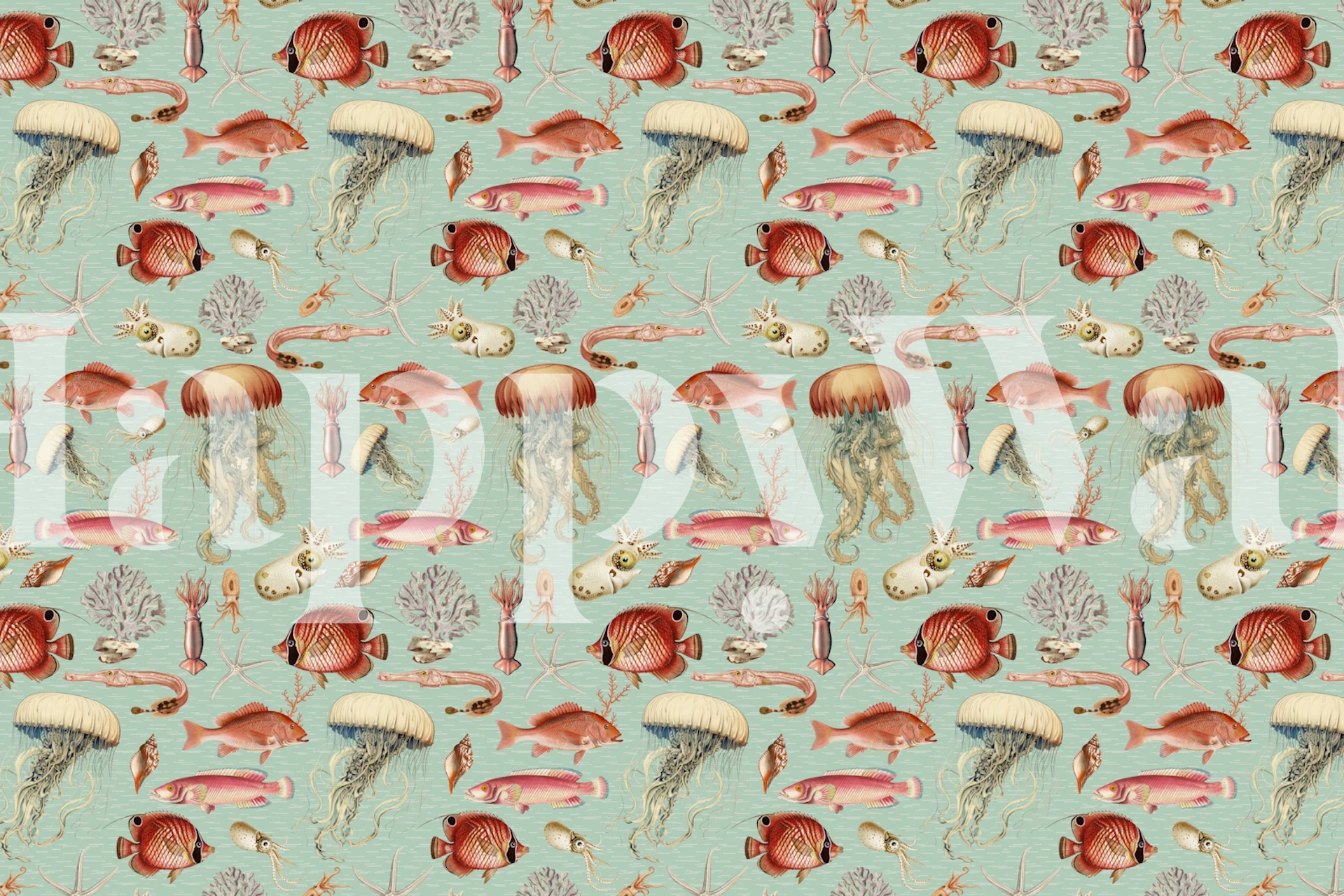 Sepia-toned jellyfish and coral on mint background wall mural