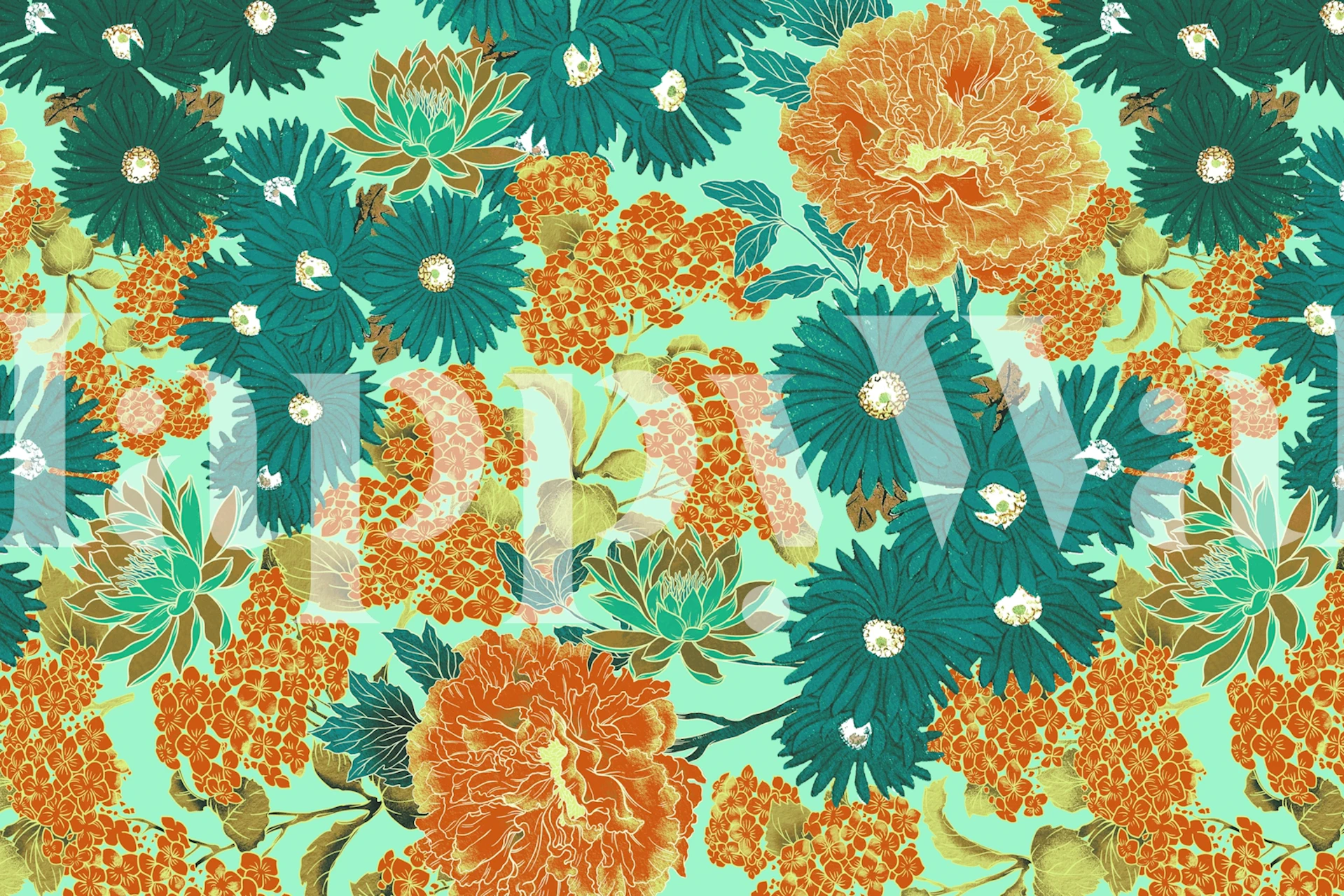 Colorful floral pattern wallpaper with orange and teal flowers