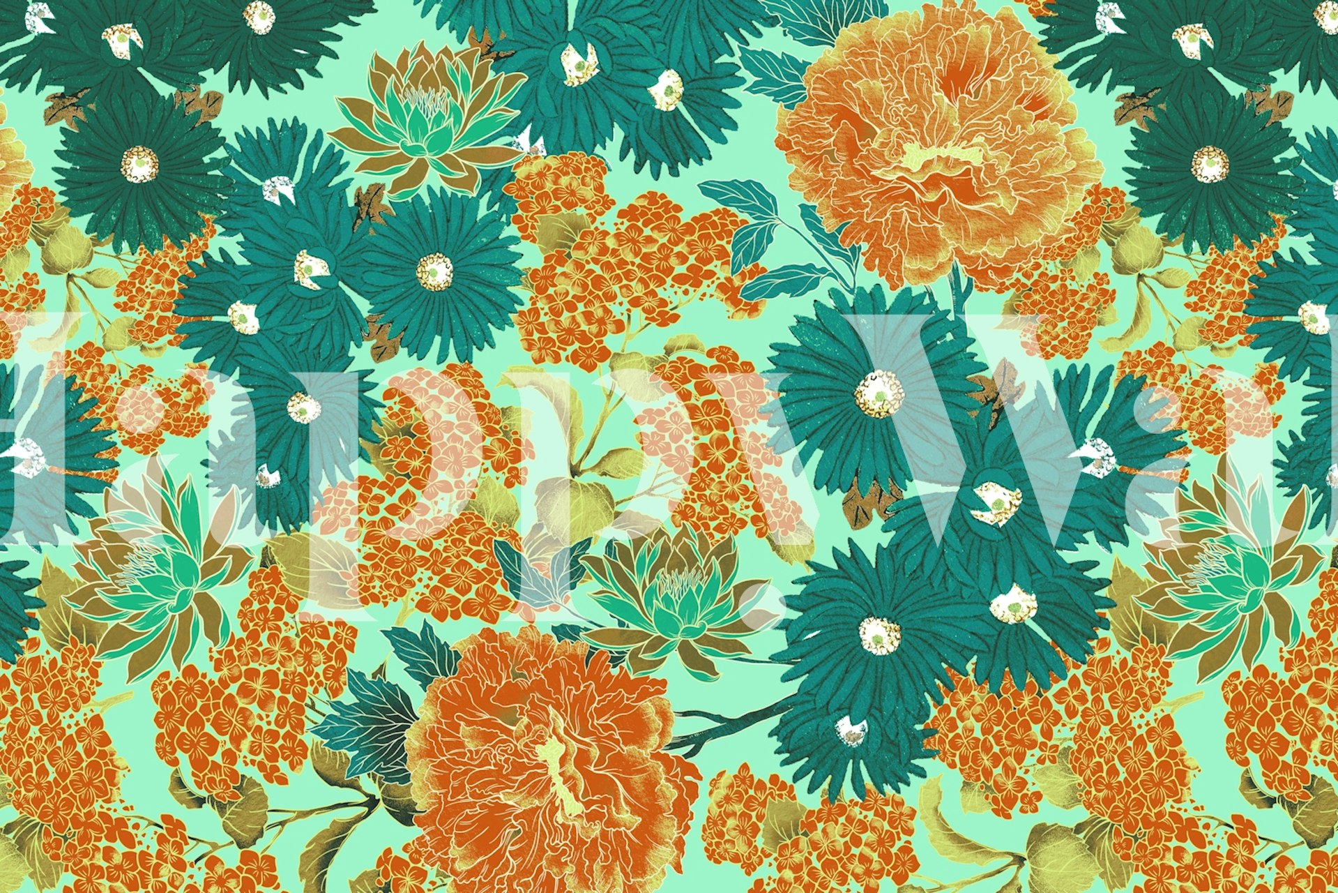 Colorful floral pattern wallpaper with orange and teal flowers