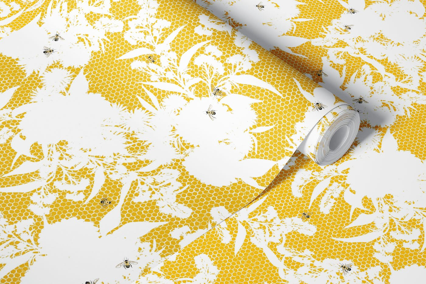 Honeybee Bouquet Floral Silhouette - golden bumblebee yellow wallpaper roll