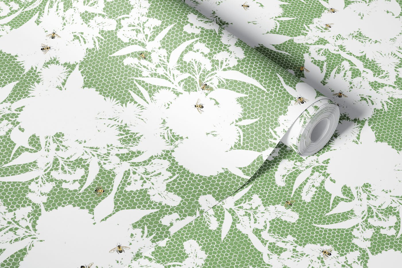 Honeybee Bouquet Floral Silhouette - green tea wallpaper roll