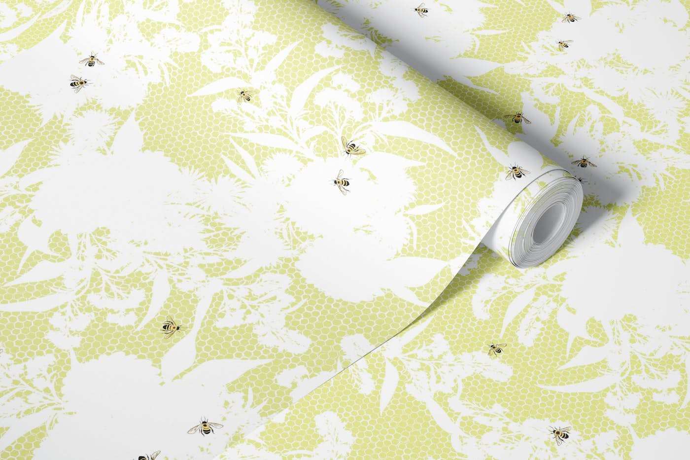 Honeybee Bouquet Floral Silhouette - citron green wallpaper roll