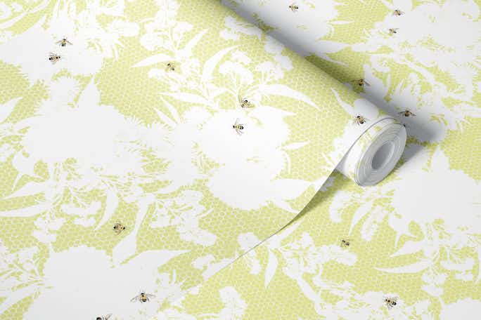 Honeybee Bouquet Floral Silhouette - citron greenwallpaper roll