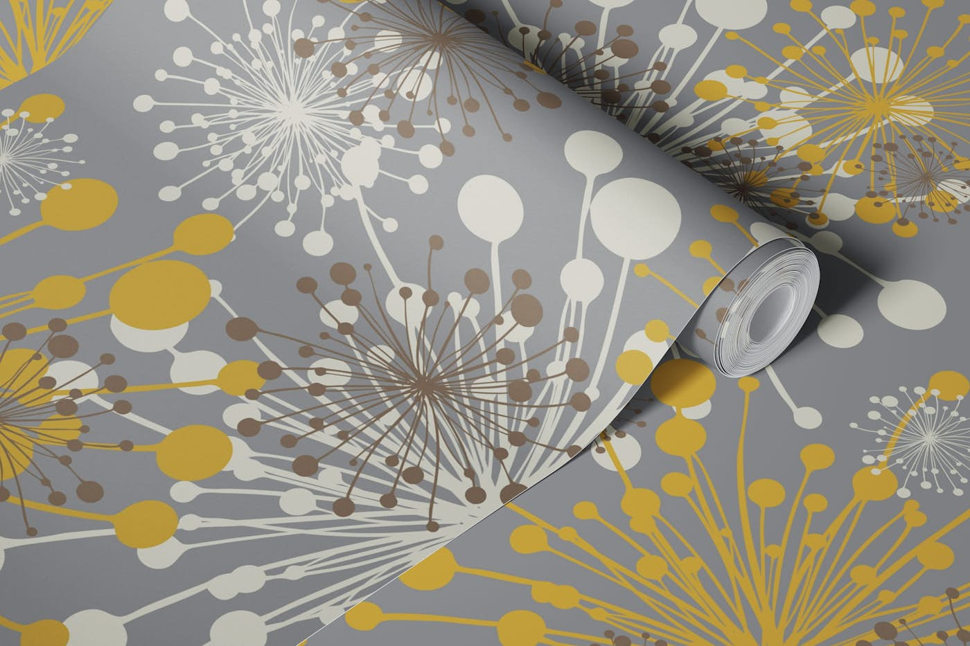 Dandelions pattern grey mustard wallpaper roll