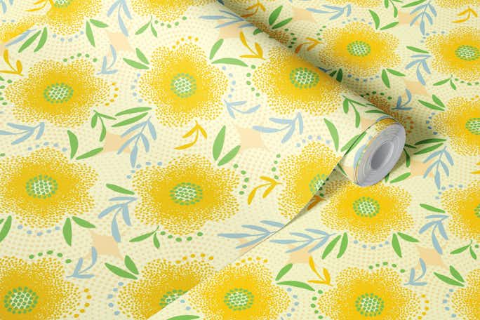 Bright yellow boho floral festivalwallpaper roll
