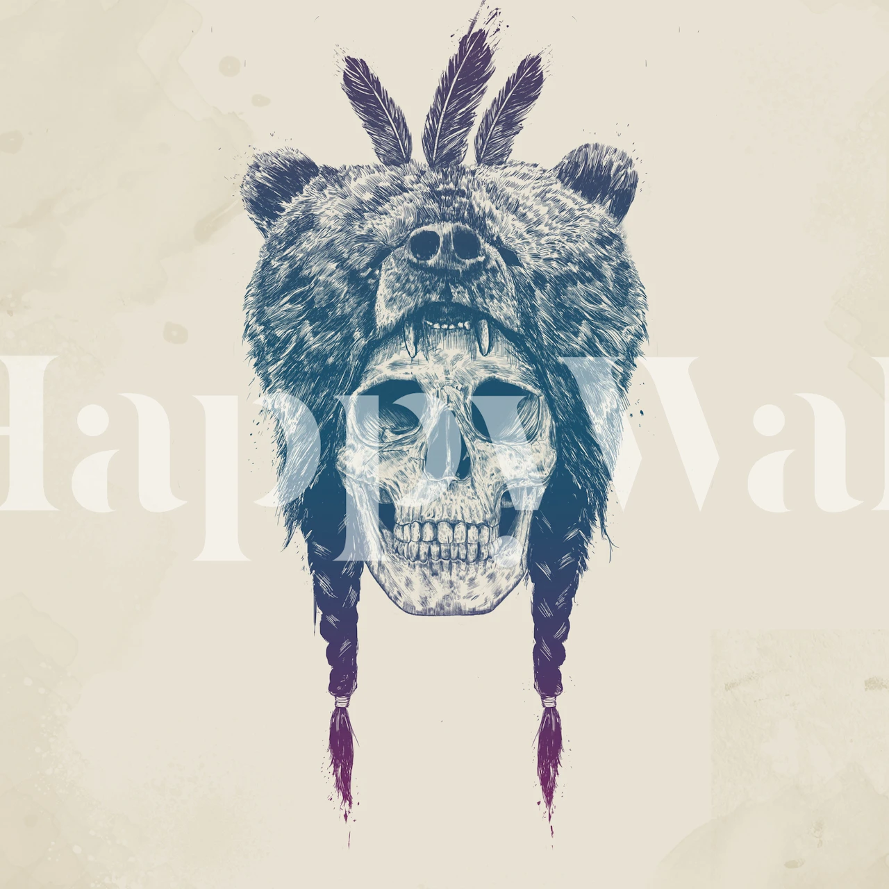 Bear skull wearing a bear head with feathers, colorful artistic wallpaper