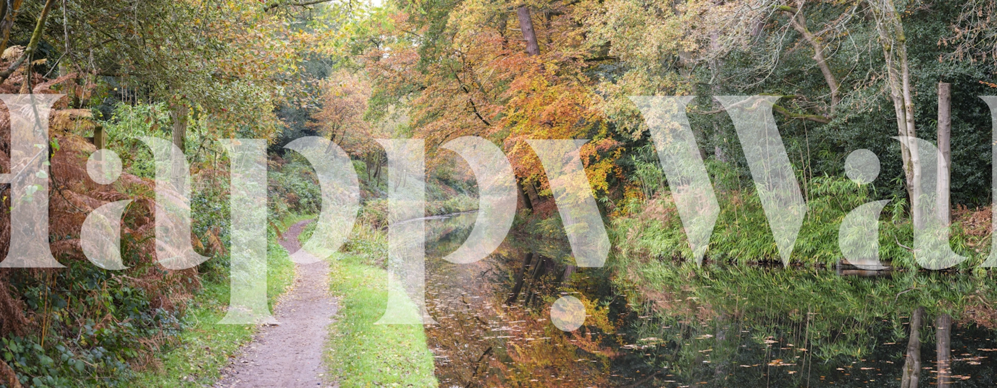 Autumn landscape with path and colorful trees reflecting in water wallpaper