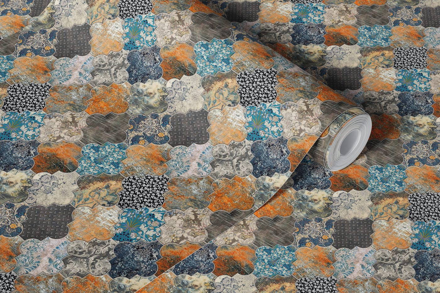 Moroccan Tiles Orange Blue Small wallpaper roll