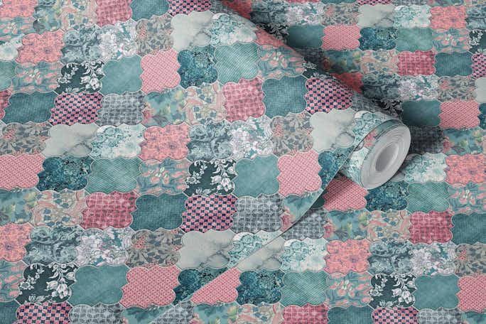 Moroccan Tiles Teal Pink Smallwallpaper roll