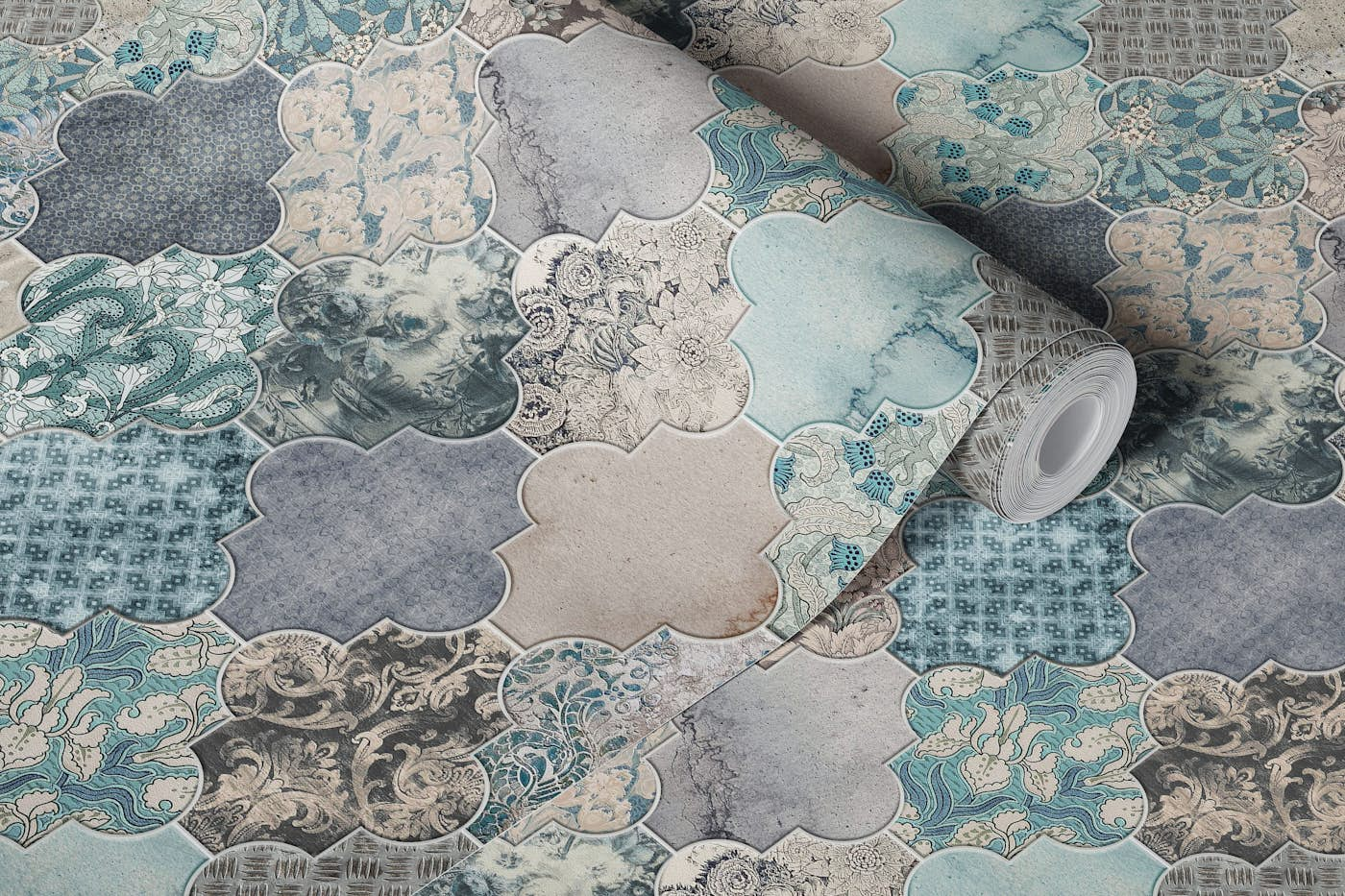 Moroccan Tiles Duck Egg Blue Grey Large wallpaper roll