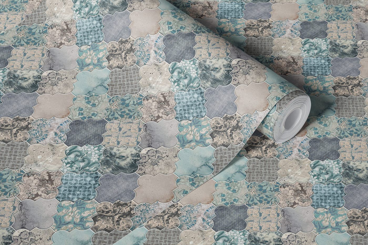 Moroccan Tiles Duck Egg Blue Grey Small wallpaper roll