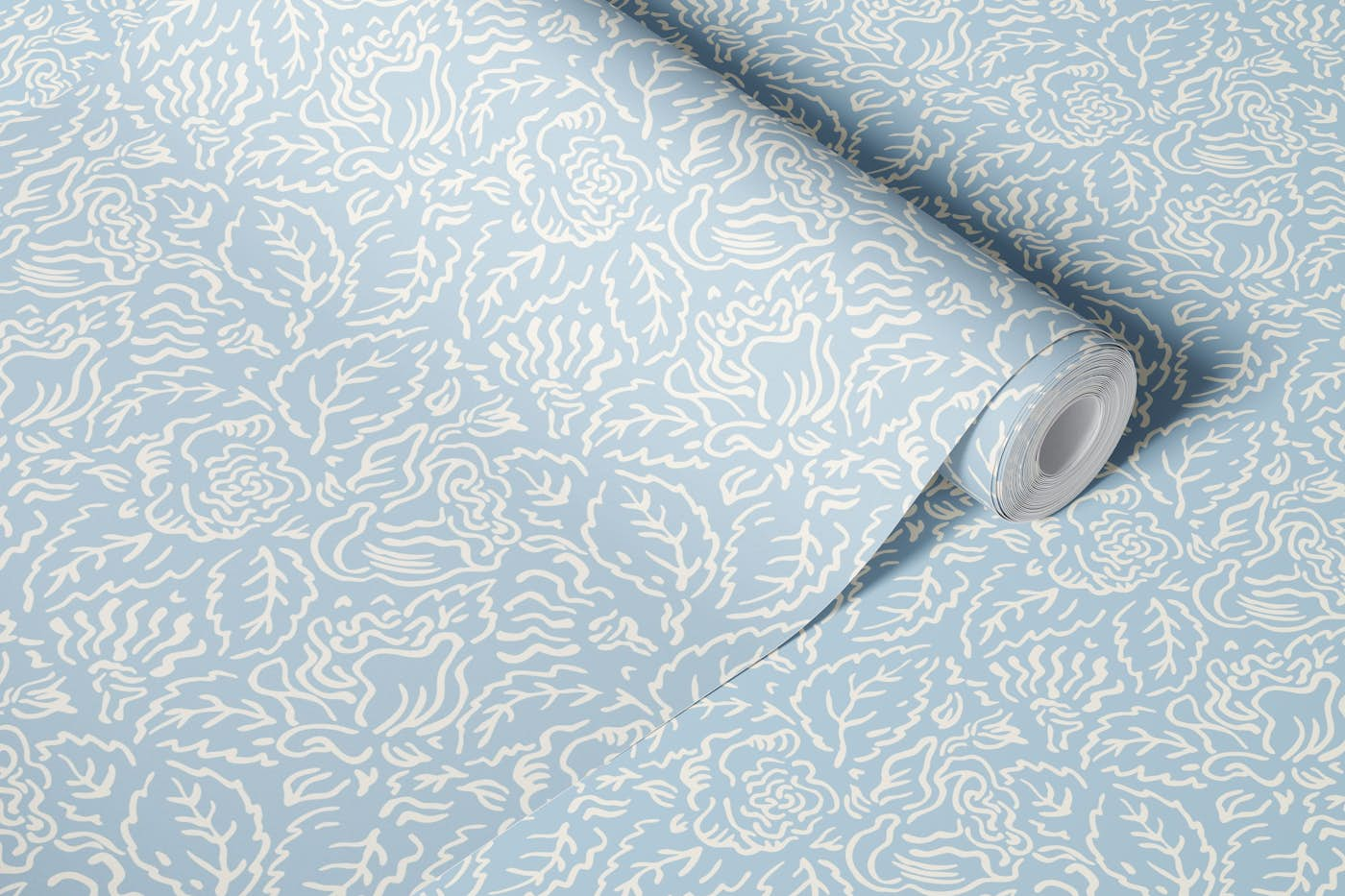 Regency rose garden, white lineart on baby blue wallpaper roll