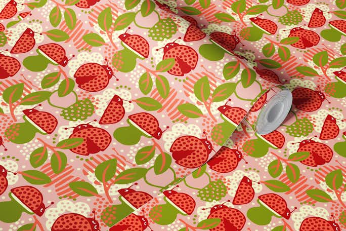 Little ladybugs with flowers and mushrooms on pinkwallpaper roll