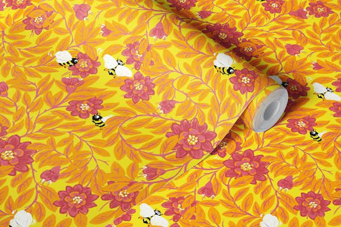 Bees looking for pollen, bright yellow garden for kids roomwallpaper roll