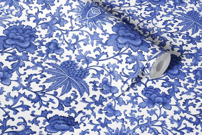 Blue And White Vintage Chinoiserie Gardenwallpaper roll