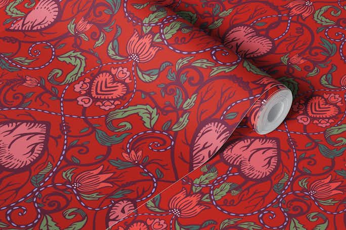 Victorian Valentine hearts redwallpaper roll