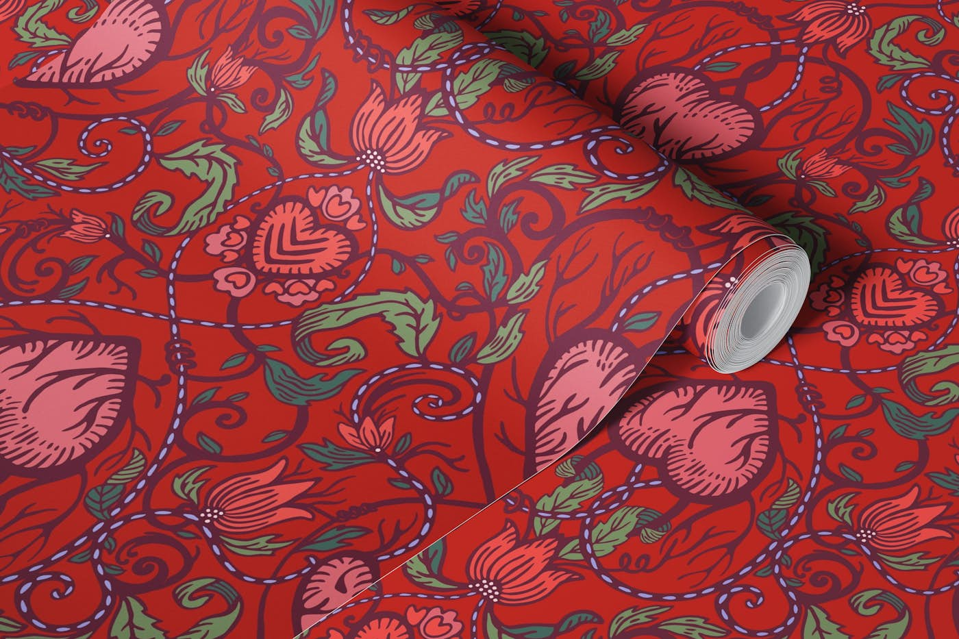 Victorian Valentine hearts red wallpaper roll