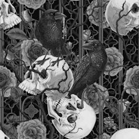 Raven's secret. Dark and moody gothic illustration with human skulls and roses ταπετσαρία