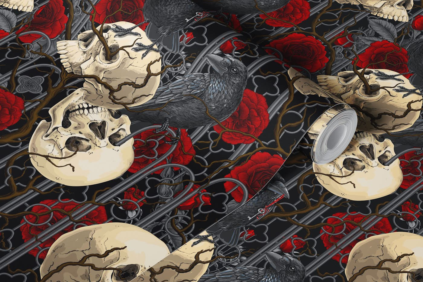 Raven's secret. Dark and moody gothic illustration with human skulls and red roses wallpaper roll