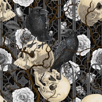 Raven's secret. Dark and moody gothic illustration with human skulls and white roses on black ταπετσαρία