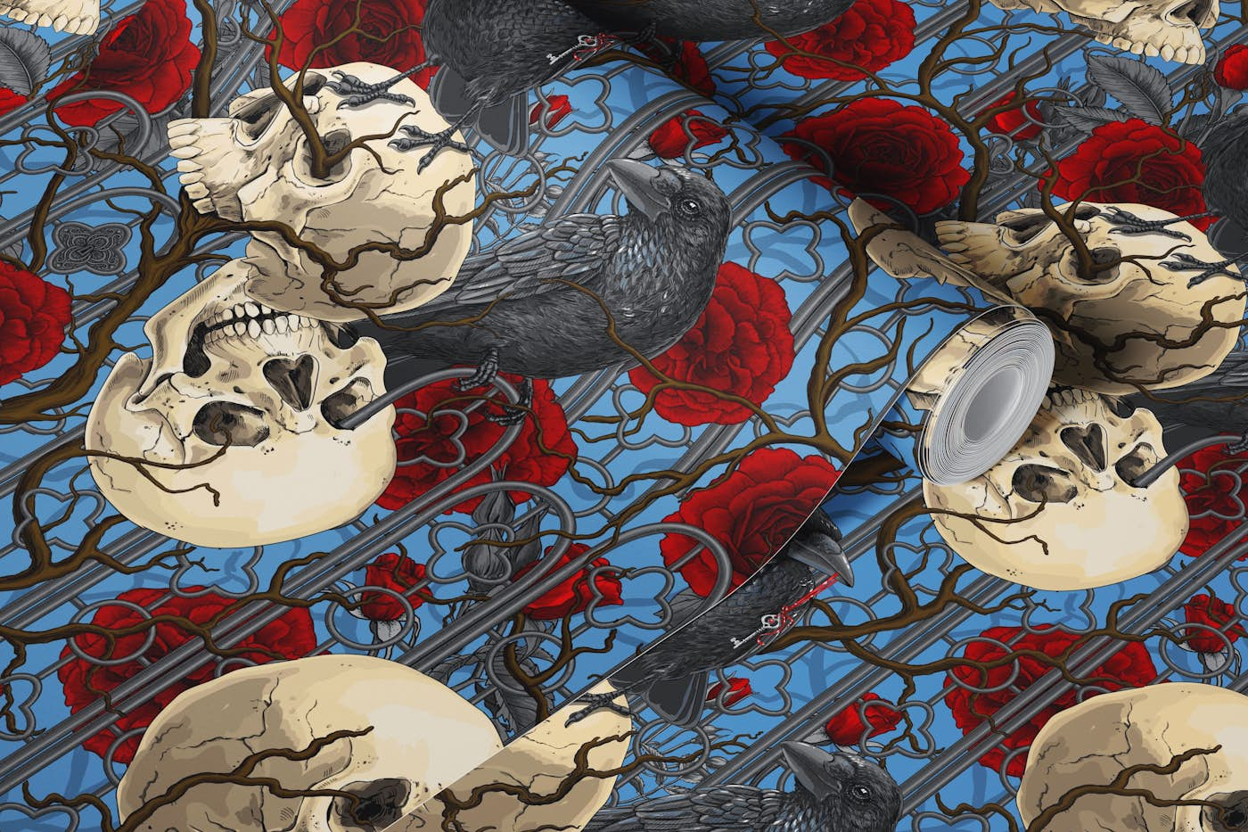 Raven's secret. Dark and moody gothic illustration with human skulls and red roses on bue wallpaper roll