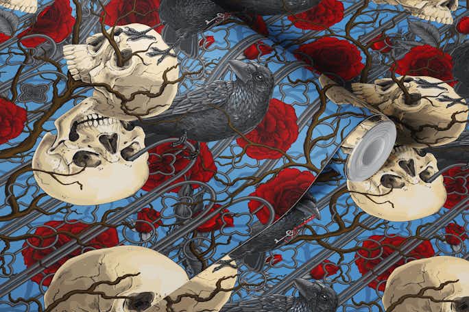 Raven's secret. Dark and moody gothic illustration with human skulls and red roses on buewallpaper roll