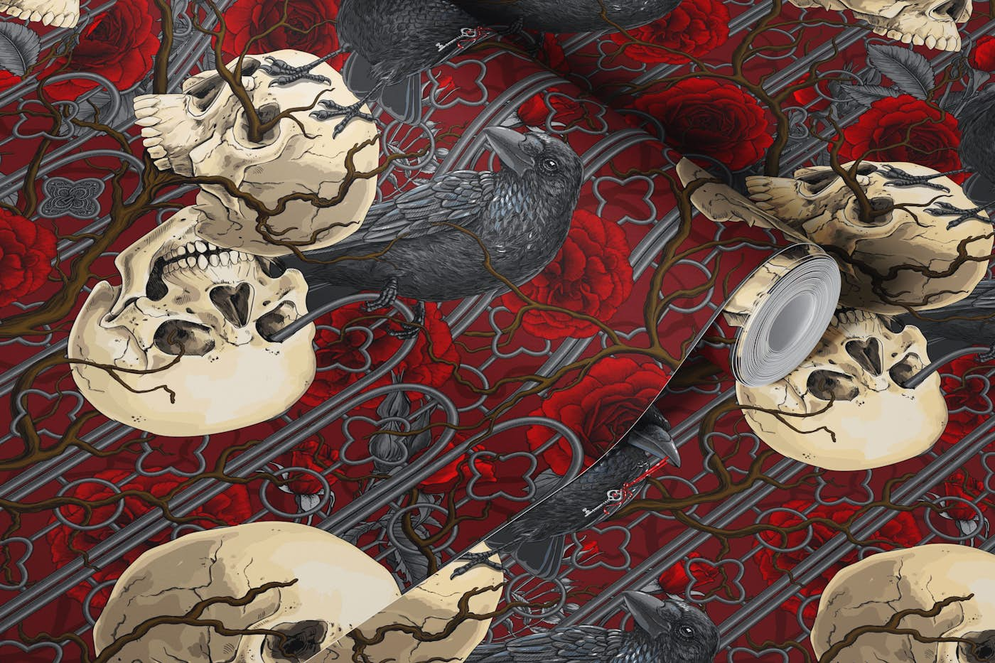 Raven's secret. Dark and moody gothic illustration with human skulls and red roses 5 wallpaper roll