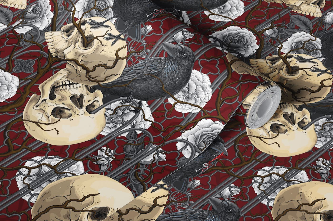 Raven's secret. Dark and moody gothic illustration with human skulls and roses on red wallpaper roll