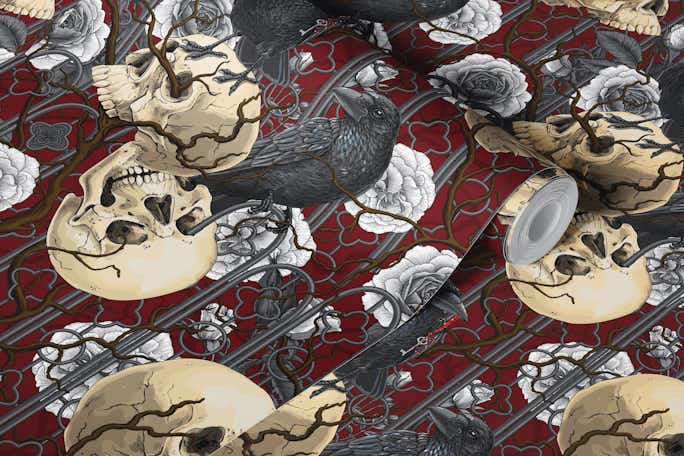 Raven's secret. Dark and moody gothic illustration with human skulls and roses on redwallpaper roll