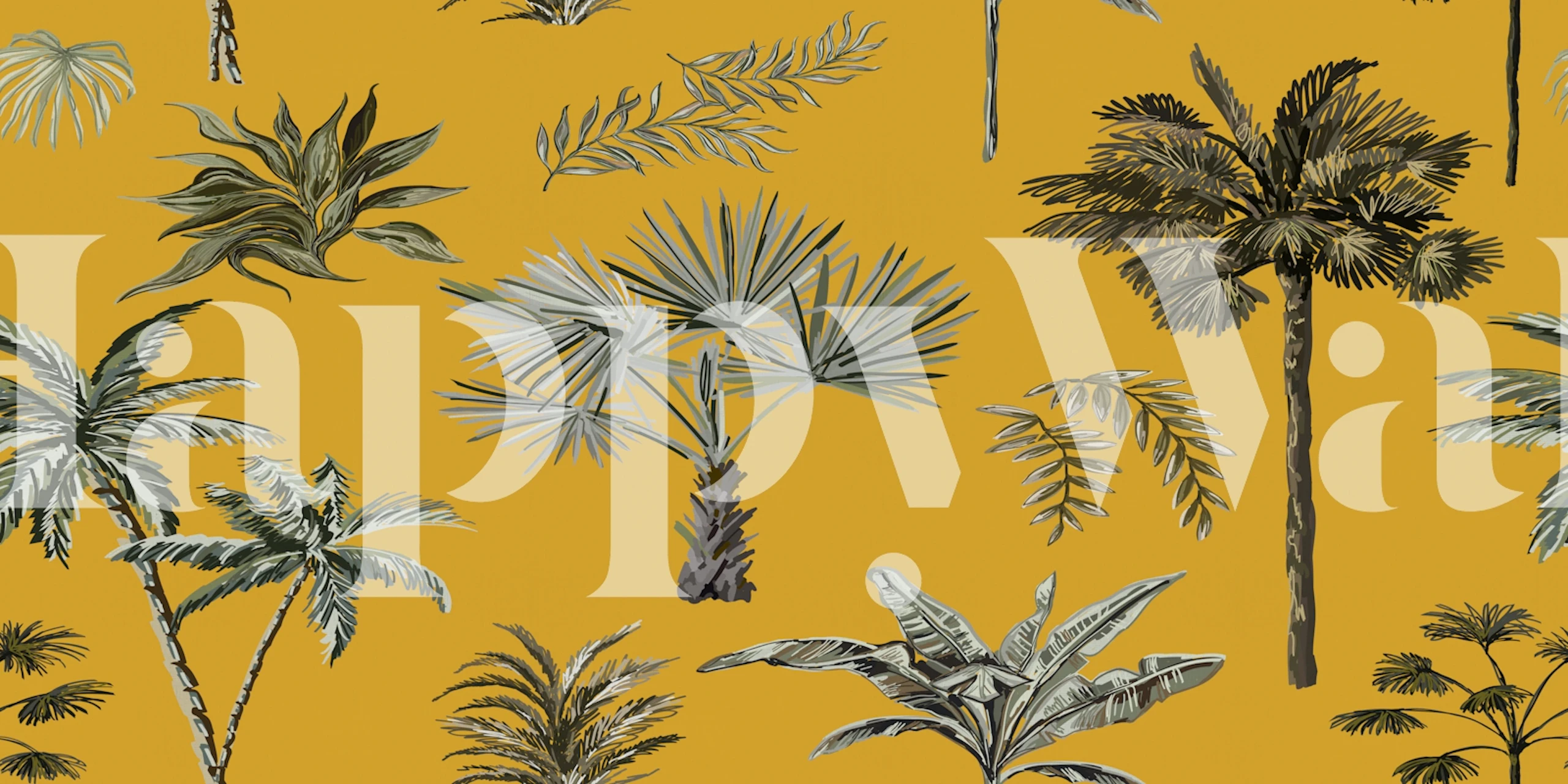 Tropical palm leaves in green and gray tones on yellow wallpaper