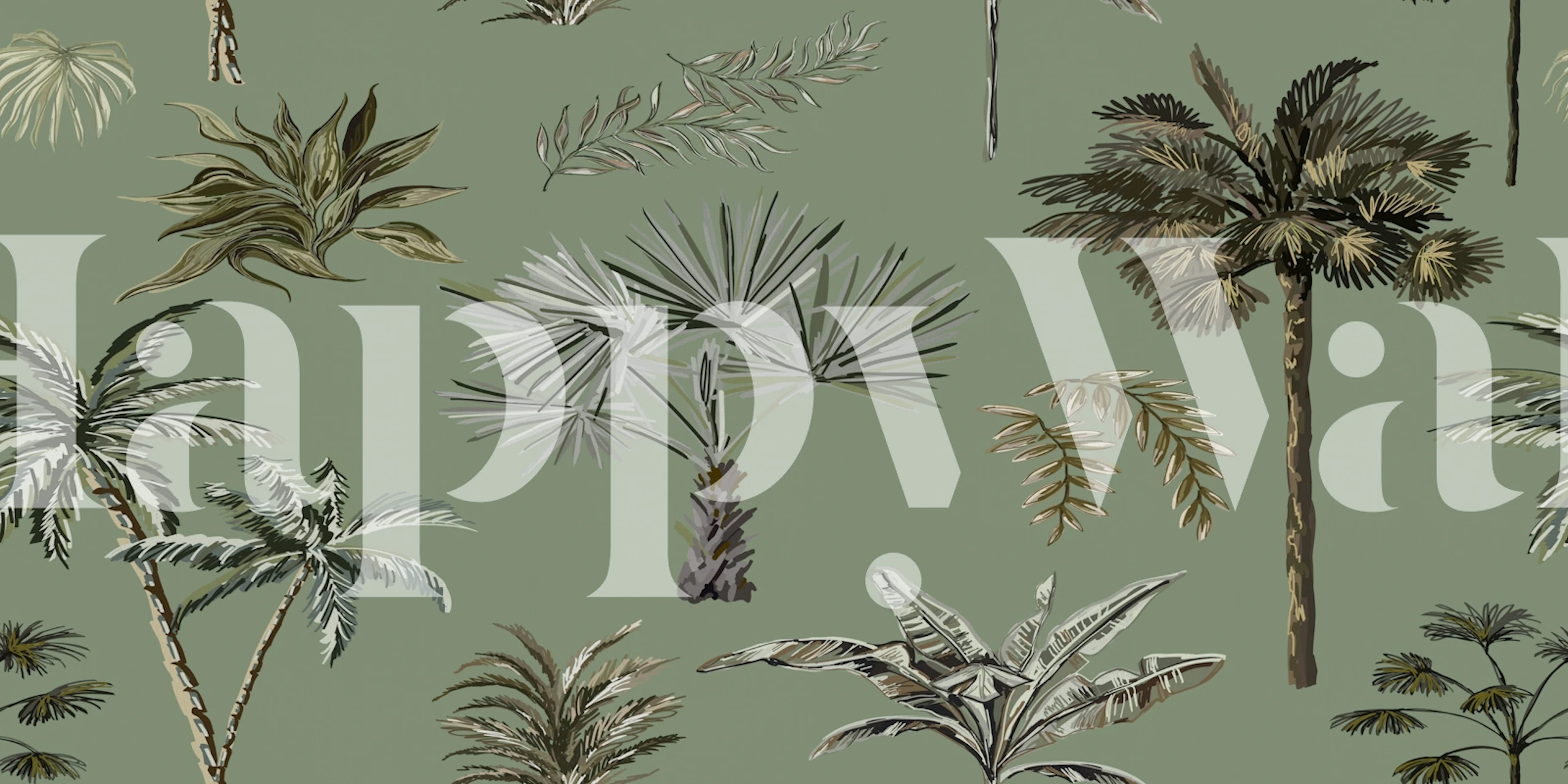 Tropical palm tree wall mural in shades of green for interior decor