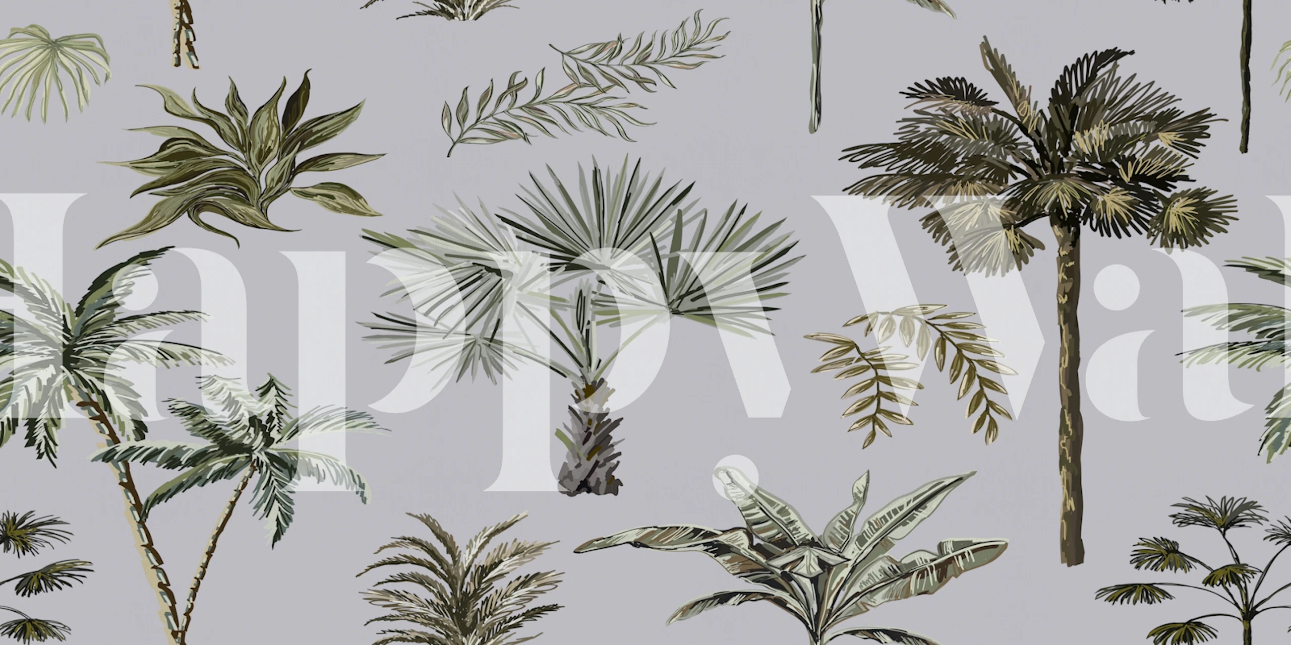 Tropical palm leaves in various shades of green on gray wallpaper