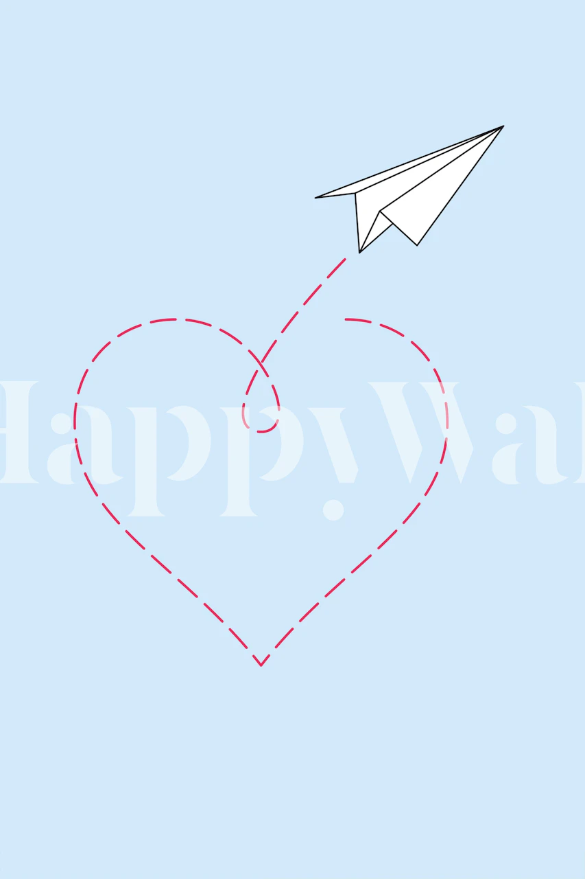 White paper airplane flying above a dashed heart outline on light blue wallpaper