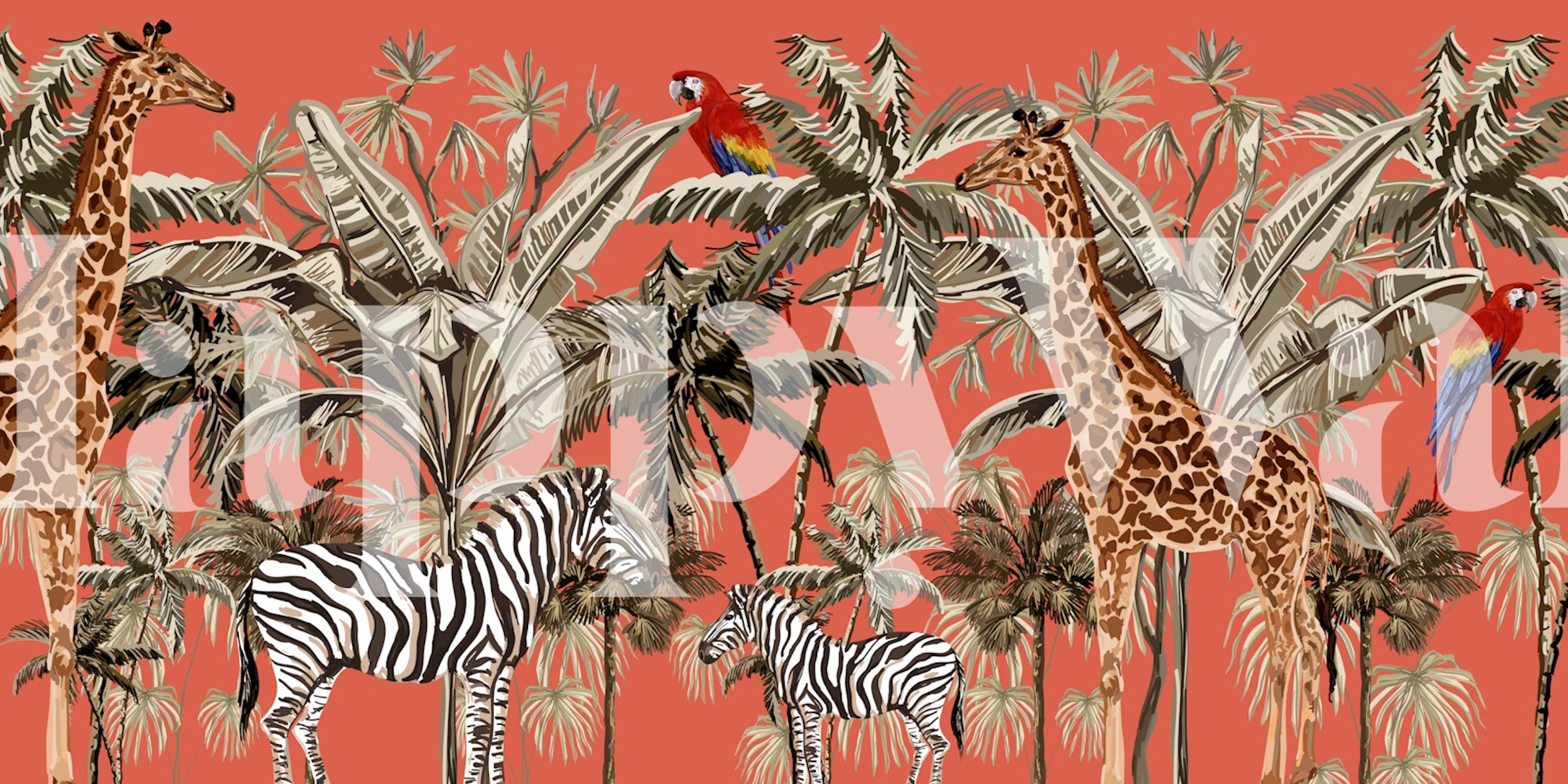 Safari-inspired wall mural with zebras, giraffes, and birds on an orange background