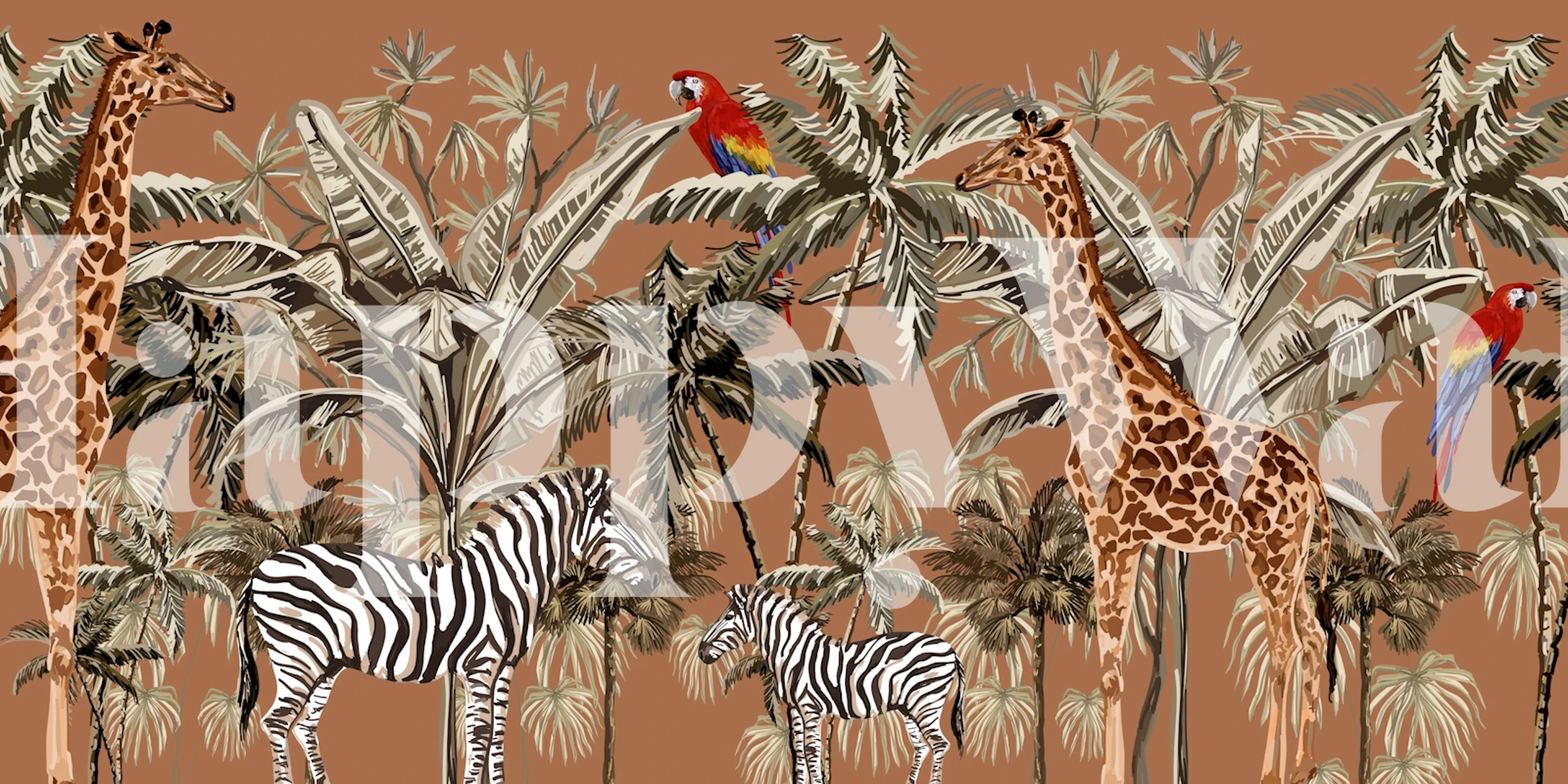 Giraffes, zebras, and parrots among palm leaves on brown wallpaper