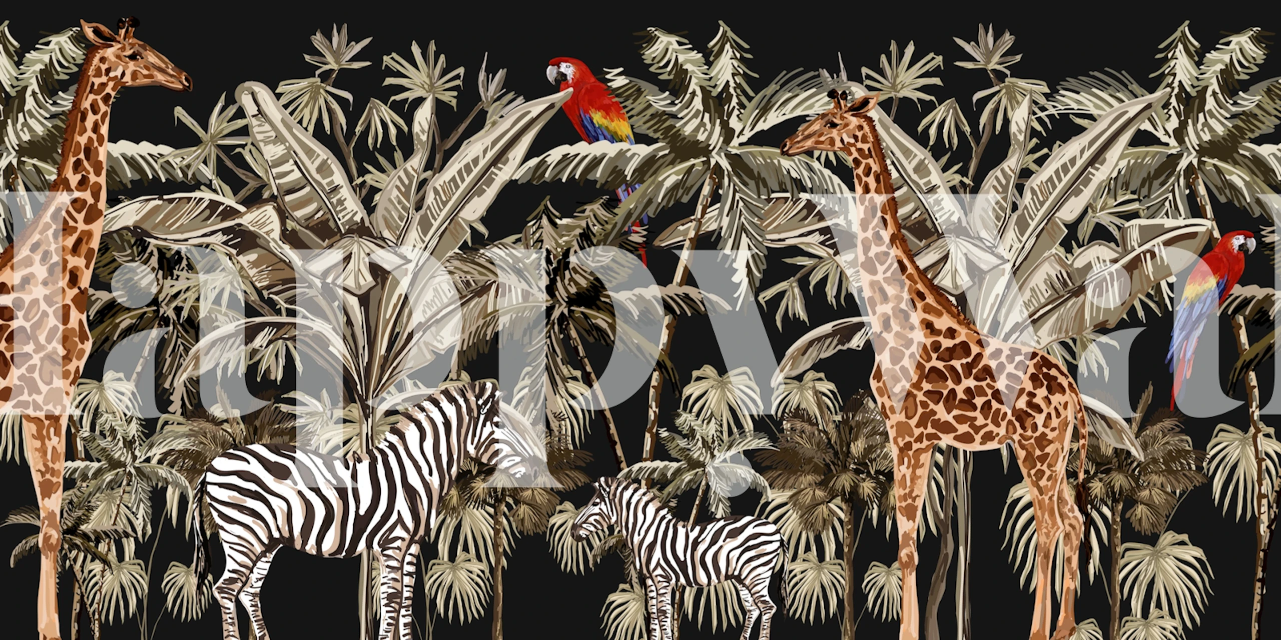 Photo murale de girafes et de zèbres parmi les palmiers sur fond noir